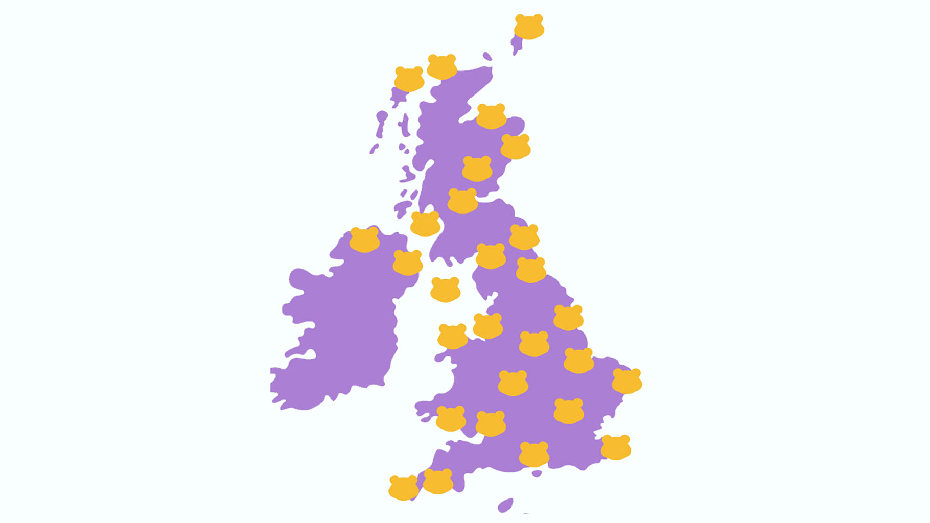 A purple map of the UK with Pudsey heads representing projects in various locations