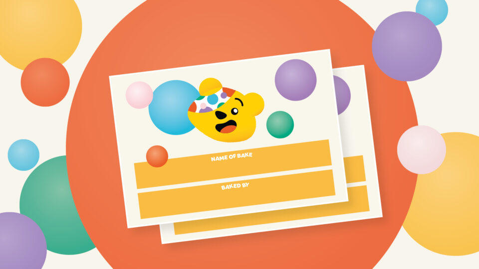 A card with a Pudsey Head image and boxes to enter your name and who baked the item