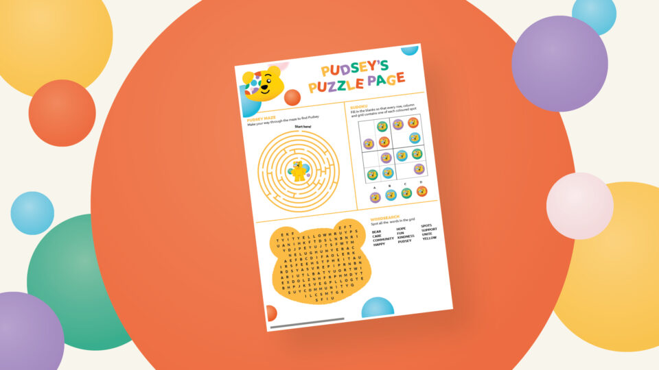 Pudsey Puzzle resource on spotty background