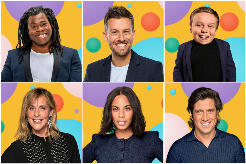 the faces of the BBC Children in Need presenters arranged in a grid on spotty yellow backgrounds