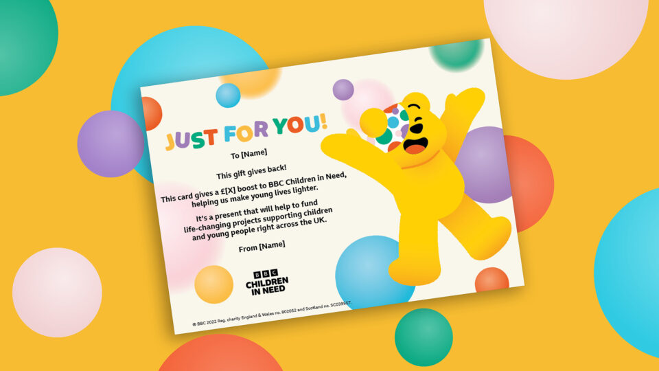 Just for You Gift Card with spots and a jumping Pudsey