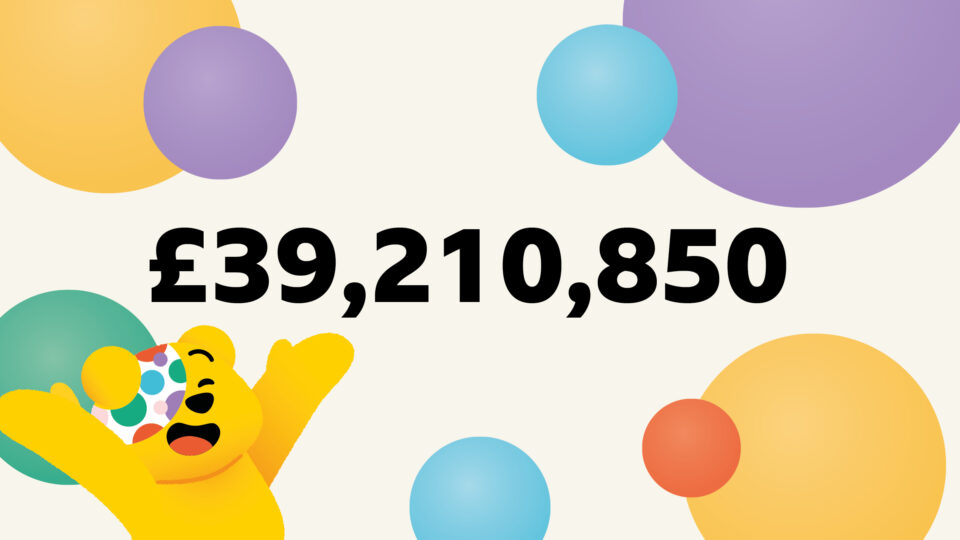 An excited Pudsey Bear next to a graphic of £39,210,850