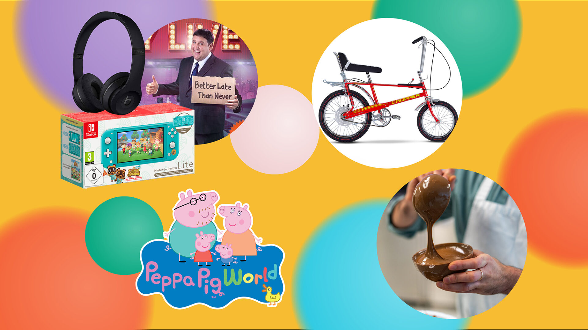 Prize pictures- headphones, Nintendo Switch, Chopper Bike, Peppa Pig World logo, a spoon with chocolate