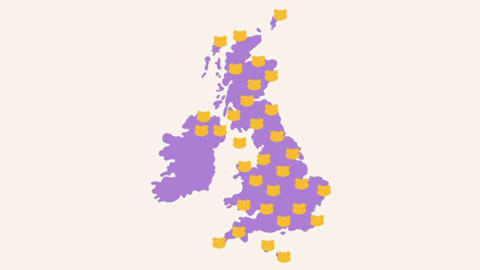 a map of the uk with Pudsey heads denoting how children in need supports projects all over the UK